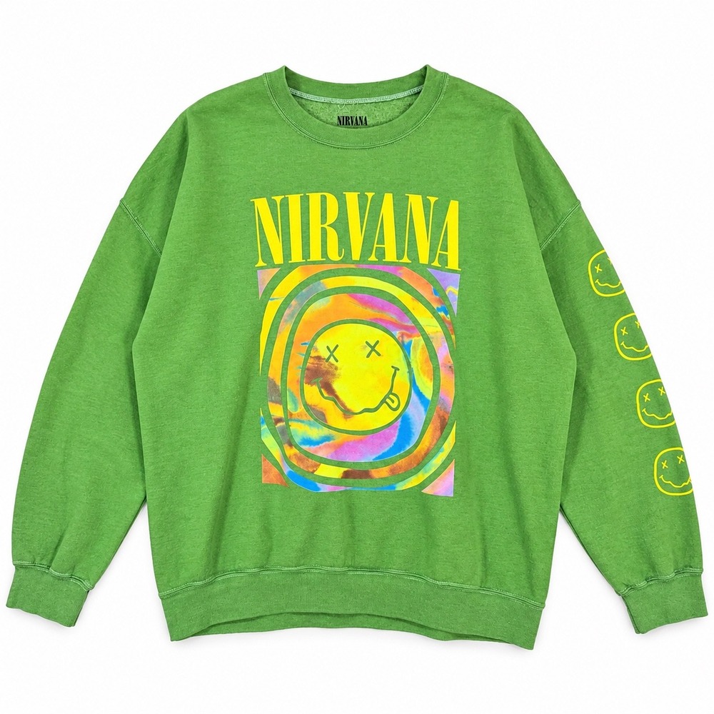 Nirvana Smiley Face Graphic Sweatshirt Green Psychedelic Band Pullover S/M